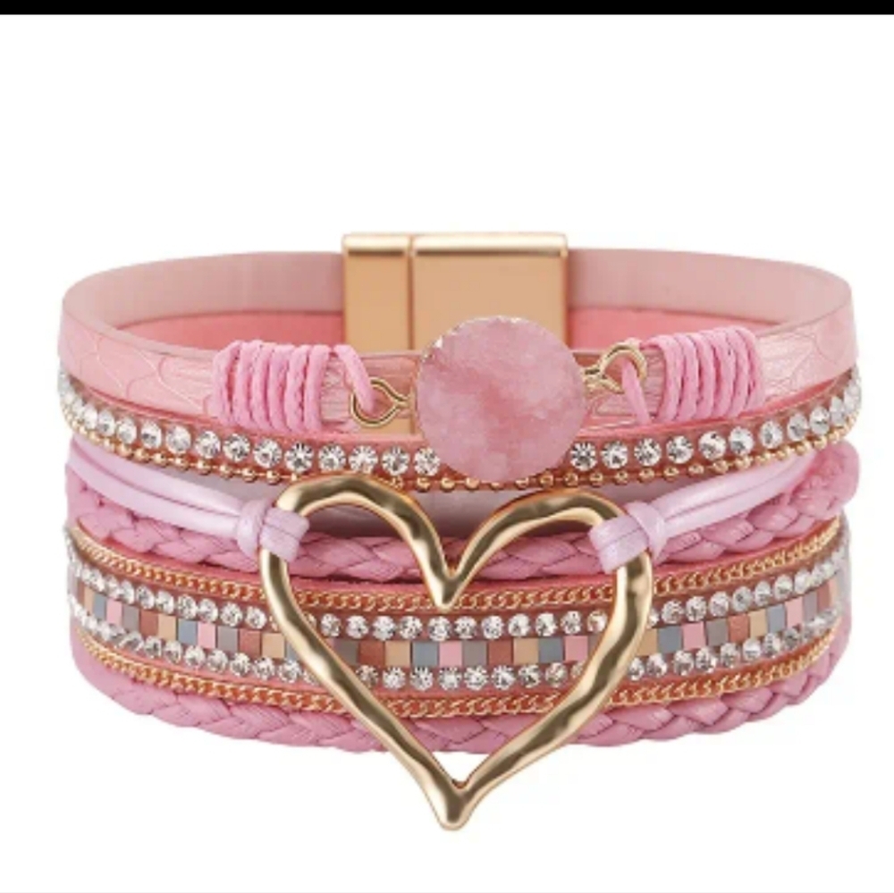 Pink leather multi layer Bohemian bracelet